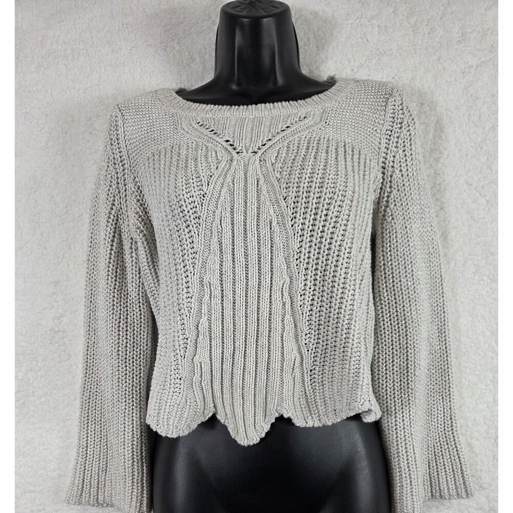 Aerie Sweater Womens S Gray Glitter Crop Knit Bell Sleeve Scallop Hem Cotton